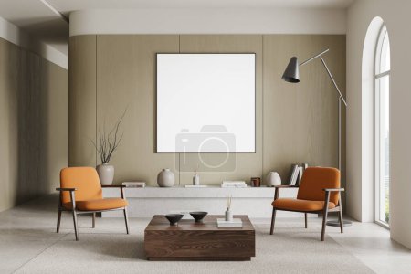 Photo for Luxury home living room interior with two armchairs and sideboard. Lounge zone with stylish decoration, mock up square canvas poster. Panoramic arched window on skyscrapers. 3D rendering - Royalty Free Image