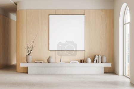 Photo for Interior of modern living room with wooden walls, concrete floor, comfortable gray dresser and square mock up poster hanging above it. 3d rendering - Royalty Free Image