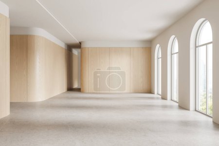 Photo for Interior of empty living room with white and wooden walls, concrete floor and beautiful arched windows. 3d rendering - Royalty Free Image