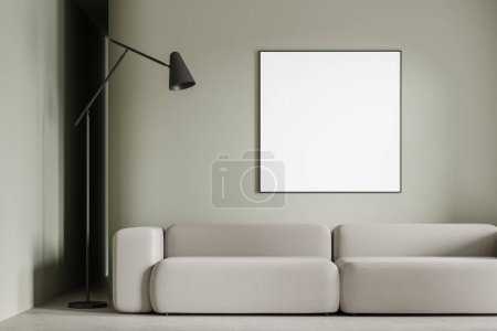 Photo for Modern home living room interior with modular sofa, lamp on concrete floor. Scandinavian relax place and mock up square canvas poster on wall. 3D rendering - Royalty Free Image