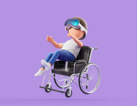Téléchargez les photos : Dessin animé homme volant avec fauteuil roulant portant des lunettes vr casque, fond violet. Concept d'expérience immersive, technologie immersive et nouvelle expérience. Illustration de rendu 3D - en image libre de droit