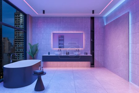 Foto de Interior de baño moderno con paredes blancas, suelo de hormigón, cómoda bañera gris, doble lavabo con espejo largo y luces de neón púrpura. renderizado 3d - Imagen libre de derechos