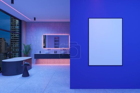 Photo for Neon home bathroom interior with bathtub and double sink, plant and accessories. Panoramic window on Bangkok skyscrapers. Mock up canvas poster on partition. 3D rendering - Royalty Free Image