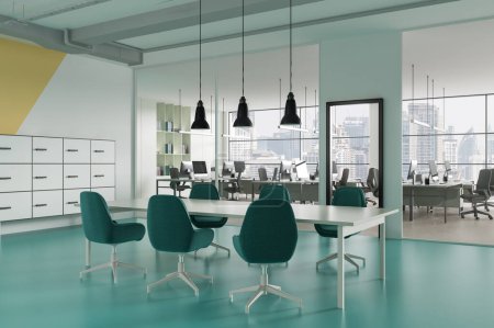 Photo for Corner view of office interior with meeting table and chairs, side view conference space with board on concrete floor. Panoramic window on Bangkok skyscrapers. 3D rendering - Royalty Free Image