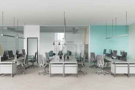 Photo for Stylish office interior with coworking space and pc computers in row, glass meeting room and board with armchairs. Panoramic window on Singapore skyscrapers. 3D rendering - Royalty Free Image
