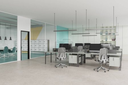 Foto de Interior de la moderna oficina de espacio abierto con paredes blancas y de vidrio, piso de hormigón y fila de mesas de ordenador con sillas grises. renderizado 3d - Imagen libre de derechos