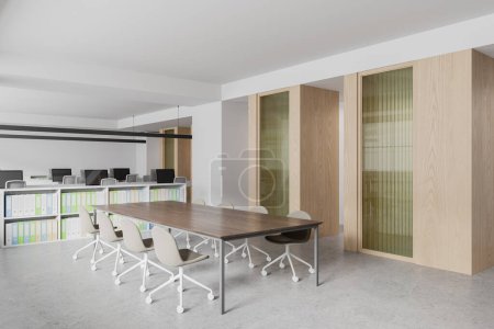 Photo for Corner of modern office meeting room with white wan wooden walls, concrete floor and long conference table with beige chairs. 3d rendering - Royalty Free Image