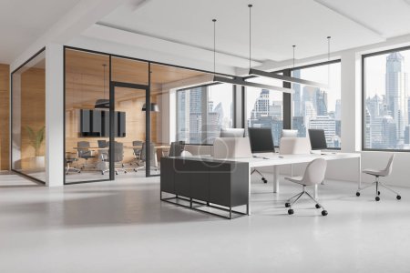 Photo for Corner view of business interior with coworking and glass meeting room, pc computers on tables in row. Panoramic window on Bangkok skyscrapers. 3D rendering - Royalty Free Image
