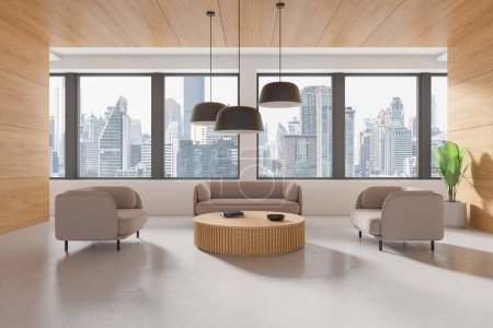 Modern business relax interior with beige sofa and armchairs, meeting or consulting space with coffee table and panoramic window on Bangkok skyscrapers. 3D rendering
