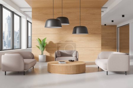 Stylish relax interior with beige sofa and armchair, meeting or consulting space with coffee table and panoramic window on Bangkok skyscrapers. 3D rendering