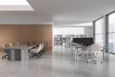Photo for Stylish office interior with meeting board and chairs, pc computers on desks in row, light concrete floor. Office workspace with panoramic window on Bangkok skyscrapers. 3D rendering - Royalty Free Image