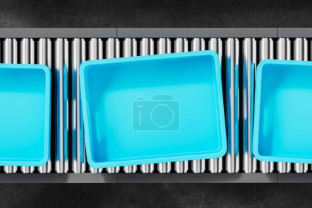 Photo for Top view of airport conveyor belts with three blue empty plastic containers. Concept of luggage, control and scanning system. 3D rendering illustration - Royalty Free Image