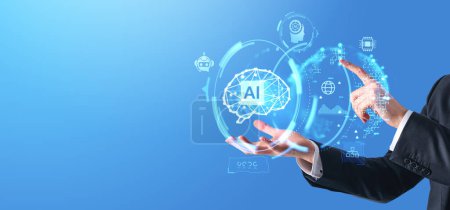Téléchargez les photos : Mains d'homme d'affaires et doigt tactile hologramme numérique avec cerveau AI, cercles lumineux avec ai chat bot et indicateurs. Concept d'intelligence artificielle et d'apprentissage automatique - en image libre de droit