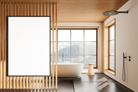Téléchargez les photos : Salle de bain hôtel beige intérieur avec baignoire et douche, table pour accessoires et fenêtre panoramique sur campagne. Affiche de toile maquillée sur cloison murale en bois. rendu 3D - en image libre de droit
