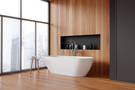 Photo for Corner view of home bathroom interior with bathtub, built-in shelf and table with accessories. Wooden bathing space in modern apartment with panoramic window on Singapore. 3D rendering - Royalty Free Image