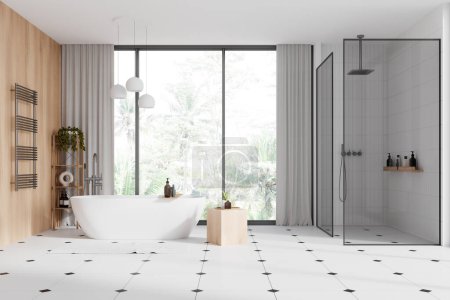 Téléchargez les photos : Intérieur de salle de bain moderne avec murs en bois et blanc, sol carrelé, baignoire blanche confortable et douche à l'italienne avec murs en verre. Rendu 3d - en image libre de droit