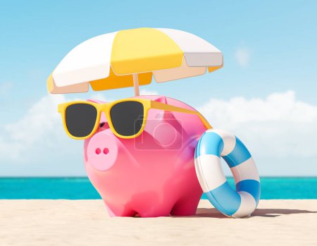 Foto de Gran alcancía en gafas bajo paraguas de verano, anillo de natación y playa. Concepto de vacaciones, vacaciones baratas y ahorro de dinero. Ilustración de representación 3D - Imagen libre de derechos