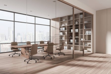 Photo for Corner view of meeting interior with armchairs and conference board, shelf with decoration and documents. Ceo negotiation space with panoramic window on Singapore skyscrapers. 3D rendering - Royalty Free Image