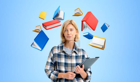 Photo for Portrait of attractive young European woman student holding folder and standing over blue background with education icons. Concept of knowledge and learning - Royalty Free Image