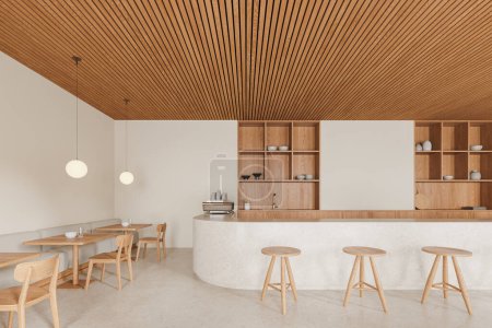Foto de Interior de café de madera y beige con mostrador de bar, taburete, sillas y estante con platos. Lujoso espacio para comer con sofá y mesas de cena en fila. Renderizado 3D - Imagen libre de derechos