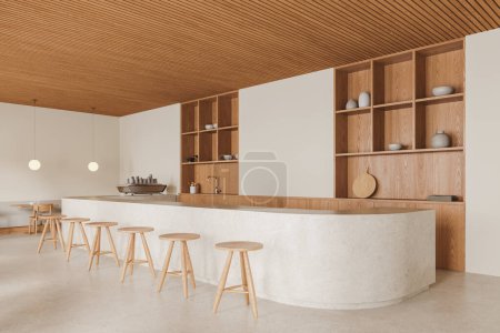 Photo for Corner view of wooden and beige cafe interior with bar counter, stool, chairs and shelf with dishes. Luxury eating space with sofa and dinner tables in row. 3D rendering - Royalty Free Image