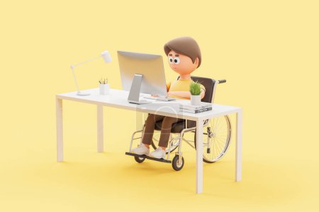 Photo for Cartoon character man in wheelchair working with pc computer, work desk on yellow background. Concept of jobs for people with disabilities. 3D rendering illustration - Royalty Free Image