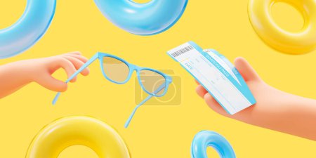 Cartoon hands holding two boarding pass tickets, colorful swimming rings on yellow background. Concept of travel, trip, vacation, tourism and booking. 3D rendering illustration