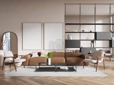 Photo for Interior of stylish living room with white walls, wooden floor, cozy brown sofa and armchairs standing near coffee table and two vertical mock up posters. 3d rendering - Royalty Free Image
