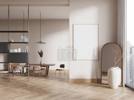 Photo for Stylish home living room interior with dining table and chairs, hardwood floor. Shelf partition and panoramic window on city skyscrapers. Mock up blank poster on wall partition. 3D rendering - Royalty Free Image