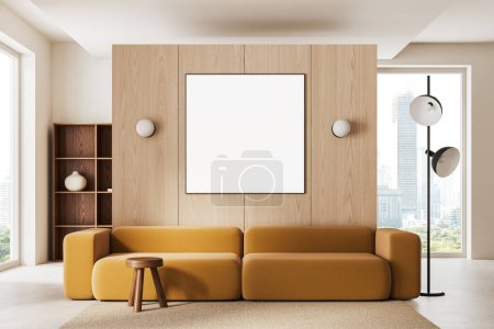 Photo for Modern home living room interior couch, wooden shelf with stylish art decoration. Panoramic window on skyscrapers. Mock up blank square canvas poster on wooden partition. 3D rendering - Royalty Free Image