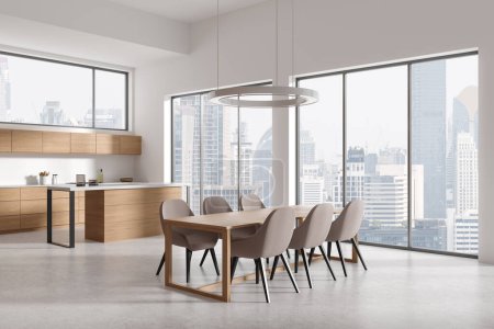 Photo for Corner view of home kitchen interior with dining table, bar counter and cooking cabinet with kitchenware. Panoramic window on Bangkok skyscrapers. 3D rendering - Royalty Free Image