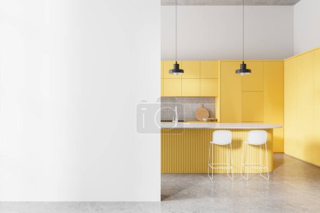 Photo for Yellow home kitchen interior bar island with sink, stove and kitchenware. Modern cooking cabinet with colored design. Mockup empty copy space wall partition. 3D rendering - Royalty Free Image
