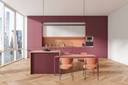 Photo for Stylish home kitchen interior with eating table and bar island, sink and stove with kitchenware. Pink cooking space with panoramic window on New York skyscrapers. 3D rendering - Royalty Free Image