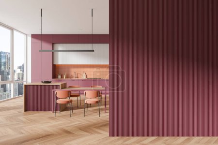 Téléchargez les photos : Intérieur de la cuisine de la maison colorée avec table à manger avec chaises et îlot de bar, plancher de bois franc. Espace de cuisson rose avec fenêtre panoramique sur les gratte-ciel de New York. Copier la partition de mur d'espace. rendu 3D - en image libre de droit