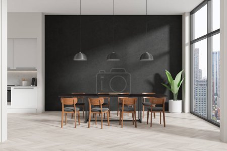 Photo for Interior of minimalistic dining room with white and black walls, wooden floor and long dining table with wooden chairs. 3d rendering - Royalty Free Image