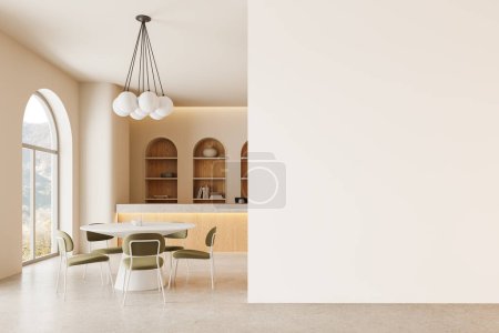 Téléchargez les photos : Hall intérieur de bureau beige avec quatre chaises et table, réception en bois avec décoration. Espace d'attente ou de détente avec fenêtre panoramique voûtée sur la campagne. rendu 3D - en image libre de droit