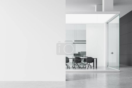 Photo for White office interior with glass conference room with board, industrial coworking space with armchairs and pc computers for teamwork. Mock up copy space empty wall. 3D rendering - Royalty Free Image