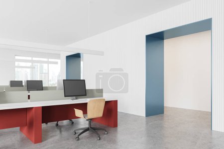 Photo for Corner view of office interior with pc computers on desk, light concrete floor. Stylish coworking zone with panoramic window on Bangkok skyscrapers. 3D rendering - Royalty Free Image