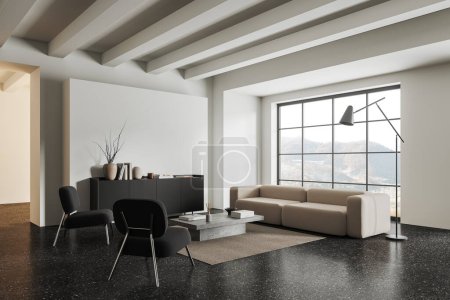 Photo for Corner view of home living room interior with two armchairs and sofa, black sideboard with art decoration and books, carpet on granite floor. Panoramic window on countryside. 3D rendering - Royalty Free Image