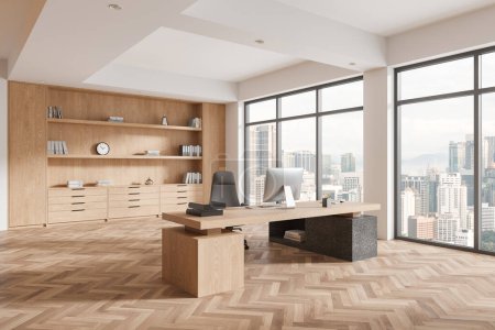 Photo for Corner view of modern office interior with pc computer on table, armchair on hardwood floor. Stylish ceo business room with shelf and panoramic window on Kuala Lumpur. 3D rendering - Royalty Free Image