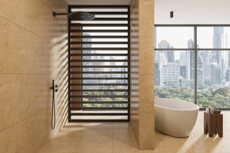 Téléchargez les photos : Carrelage beige intérieur salle de bain avec baignoire, douche avec cloison et table d'appoint avec accessoires. Fenêtre panoramique sur les gratte-ciel de Bangkok. rendu 3D - en image libre de droit