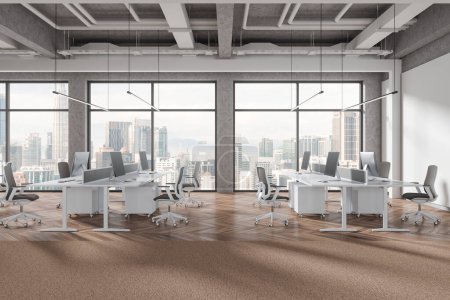 Téléchargez les photos : Intérieur du bureau moderne à aire ouverte avec parquet, fenêtre panoramique et rangée de bureaux d'ordinateur blancs avec chaises grises. Rendu 3d - en image libre de droit