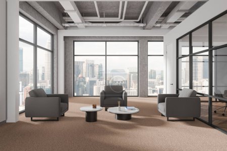 Modern business interior with soft place, armchairs and coffee table on carpet. Glass meeting room and relaxing space with panoramic window on Kuala Lumpur skyscrapers. 3D rendering
