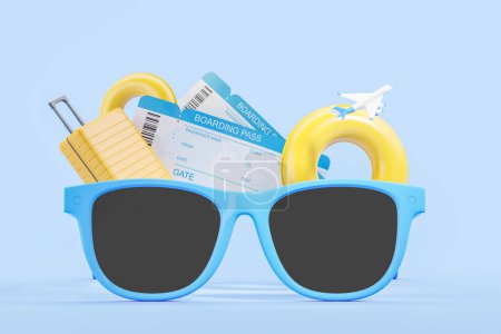 Téléchargez les photos : Grandes lunettes bleues, valise, carte d'embarquement et avion volant sur fond bleu. Concept de vacances d'été, voyage de vacances et tourisme. Illustration de rendu 3D - en image libre de droit