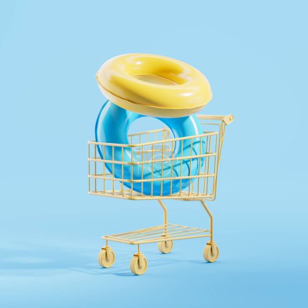 Photo for Yellow shopping cart with two swimming rings on blue background. Concept of buy beach accessories, ready for trip, tourism and vacation. 3D rendering illustration - Royalty Free Image