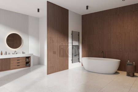 Photo for Corner view of hotel bathroom interior with bathtub, sink with wooden dresser, accessories and towel rail, tile concrete floor. White and wooden bathing space in apartment. 3D rendering - Royalty Free Image