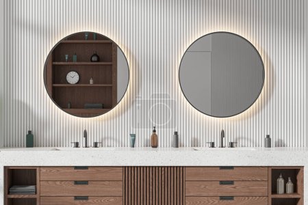 Photo for Modern hotel bathroom interior with double sink, wooden vanity with accessories and two round mirrors in row. Bathing space in modern contemporary apartment. 3D rendering - Royalty Free Image