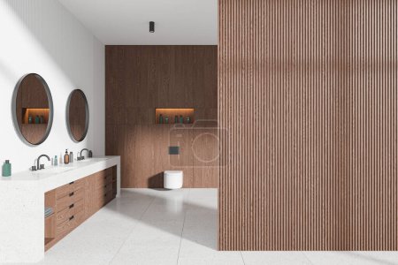 Photo for Wooden hotel bathroom interior with double sink and dresser, toilet and shelf with accessories, tile concrete floor. Empty copy space wooden wall partition. 3D rendering - Royalty Free Image