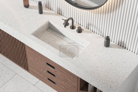 Photo for Top view of hotel bathroom interior with sink, wooden shelves with accessories and mirror. Bathing corner in modern contemporary apartment. 3D rendering - Royalty Free Image