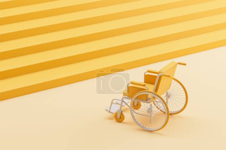 Photo for Cartoon yellow wheelchair near stairs, difficulties and medical help. Concept of disability, hospital, health care, recovery and treatment. 3D rendering illustration - Royalty Free Image